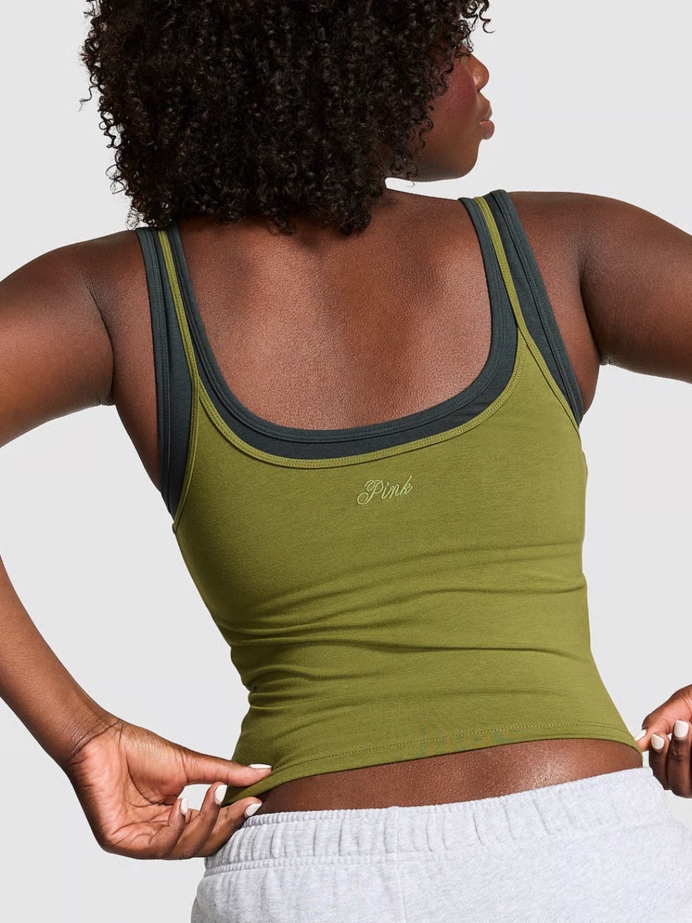 PINK Victoria's Secret Olive Ribbed Double-Strap Tank with Dark Trim - Picture 2 of 3